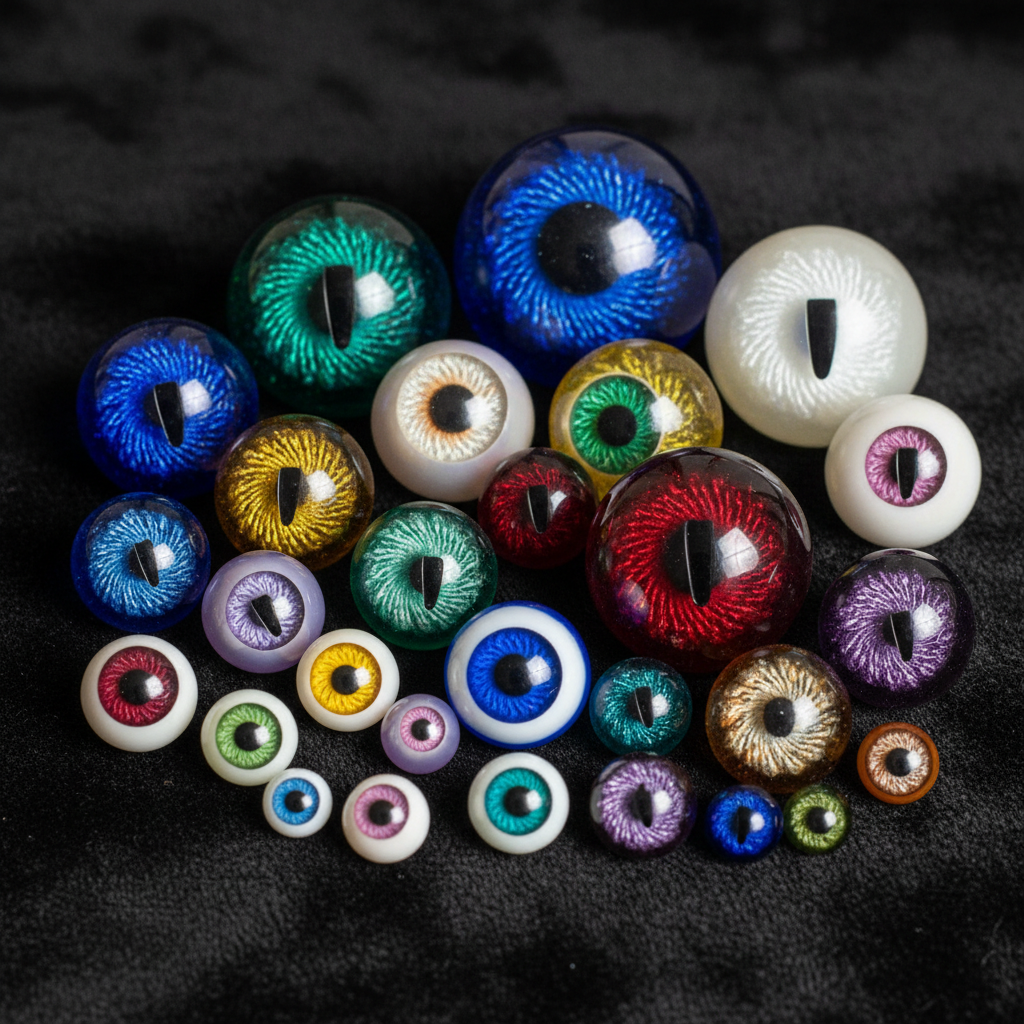 Close-up of various glass puppet eyes in different sizes and colors on dark velvet surface