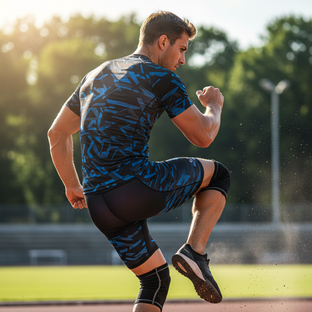 Athletic young man in black sportswear sprinting on outdoor track with intense focus and determination