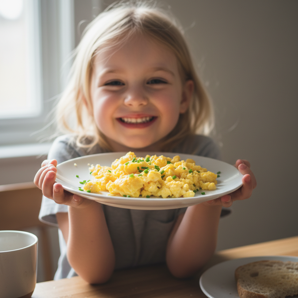 Six-year-old girl beaming with pride holding her plate of scrambled eggs