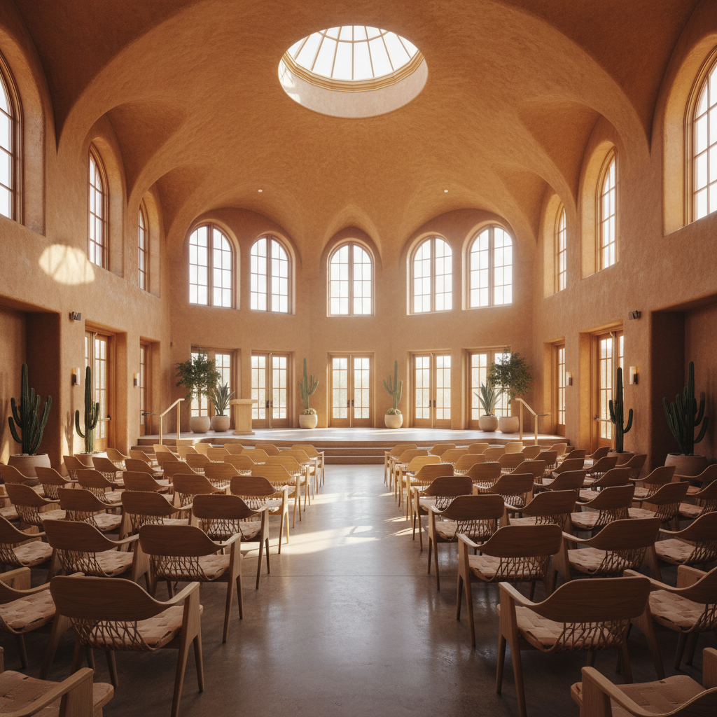 Church conference hall with rows of seats, stained glass, late afternoon sunlight, Catholic setting