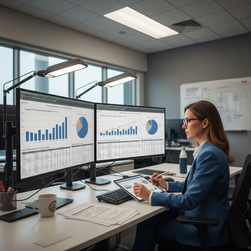 Automotive quality manager reviewing supplier performance data to prevent escalation at Stellantis Windsor Assembly plant