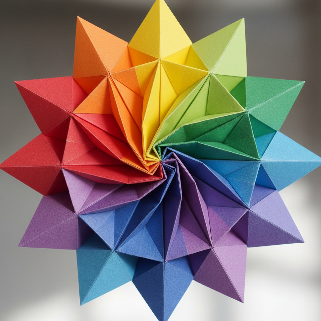 Colorful origami pinwheel base showing symmetrical fold pattern