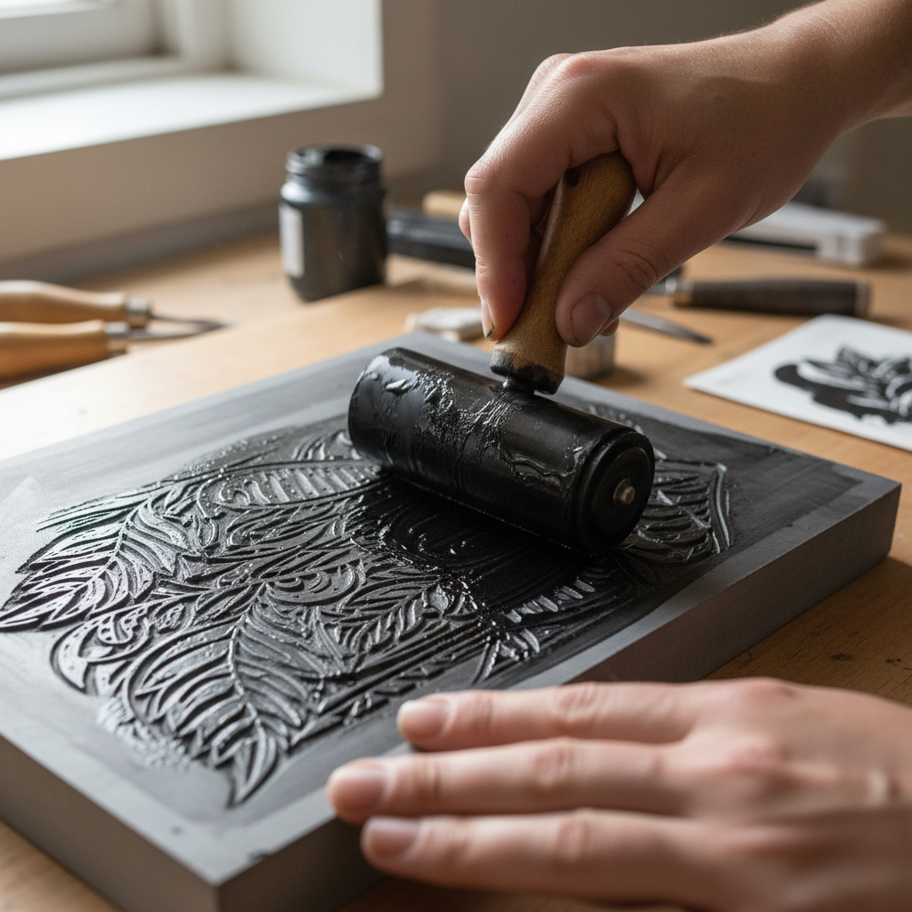Ink brayer rolling across a carved linoleum block, lampblack oil-based ink distributing evenly across the raised surface