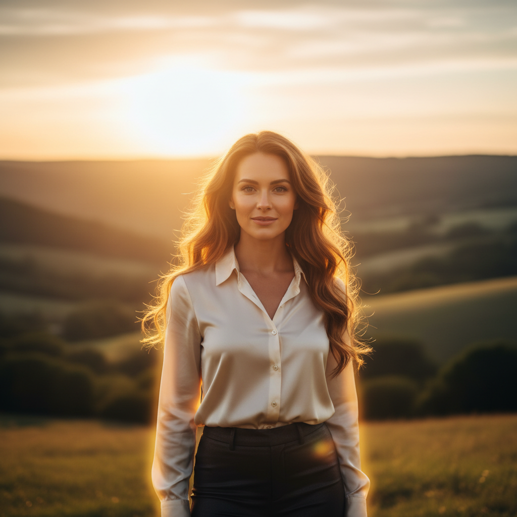 Confident beautiful woman in golden sunset light, transformation glow, cinematic empowerment scene