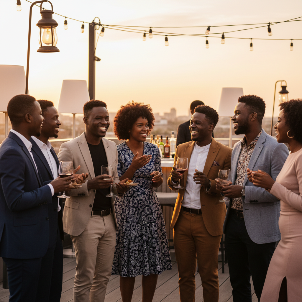 Group of stylish confident men in their 30s laughing and connecting at an upscale rooftop social event, warm evening lighting, premium atmosphere