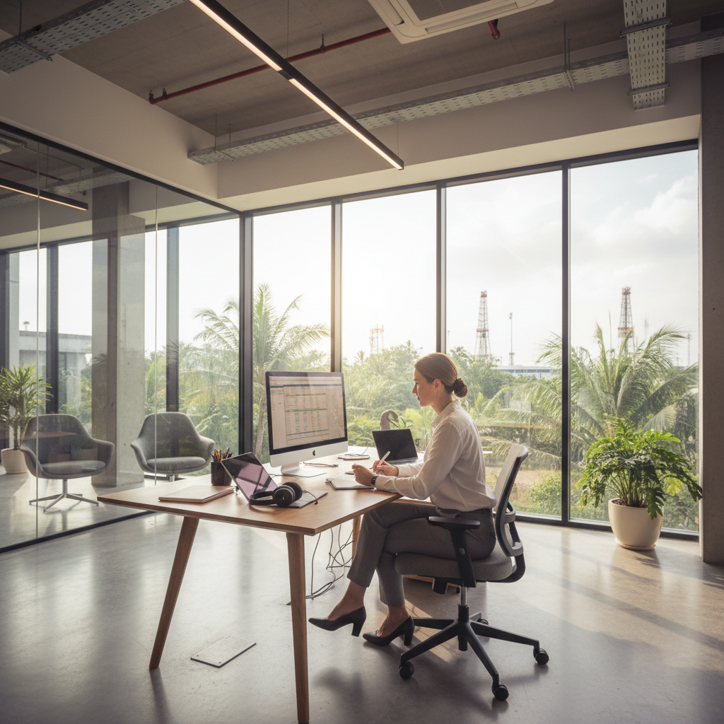 Professional woman working at a bright modern desk with laptop and documents in a clean office