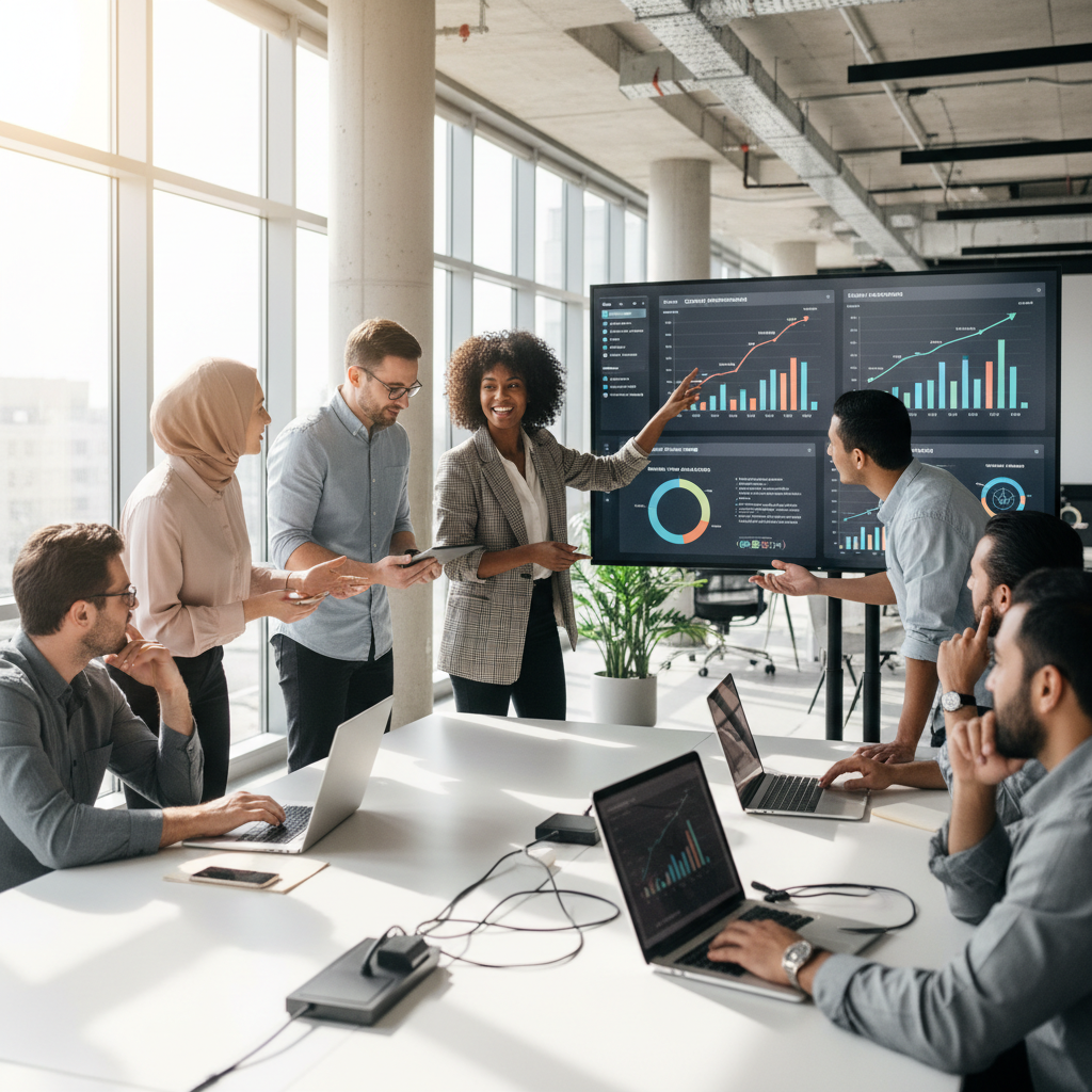 Business performance dashboard on a large monitor in a dark conference room, charts and metrics glowing, professional setting