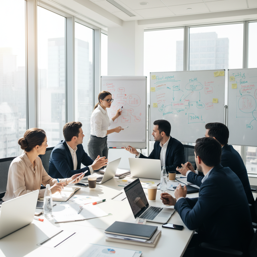 Small business team collaborating at a bright, organized office workspace