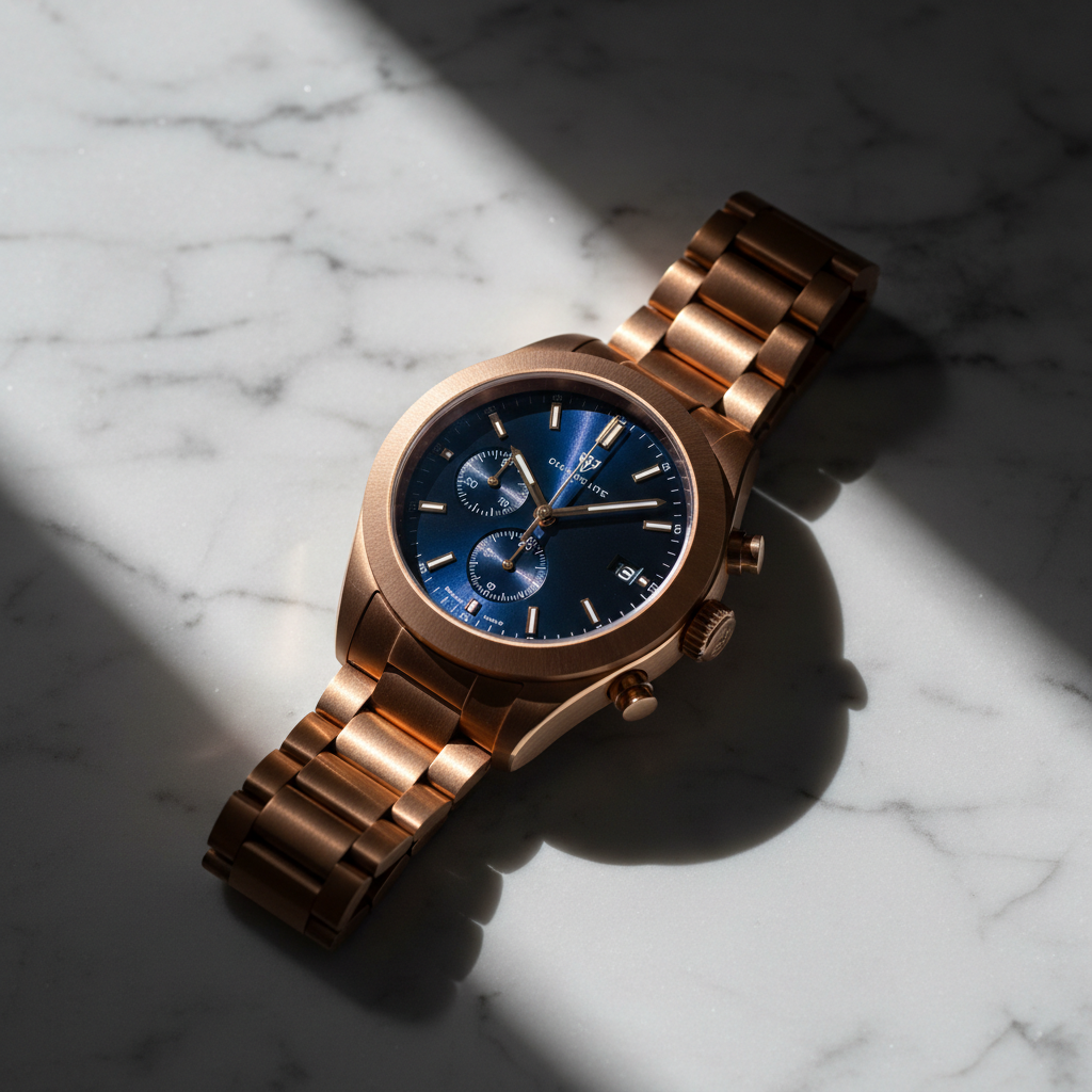 Luxury watch on dark surface, close-up product shot, dramatic rim lighting, deep shadows