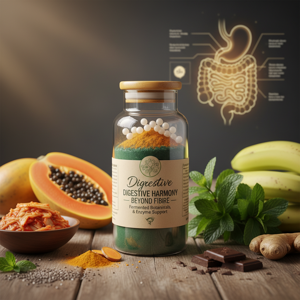 Harmony fibre supplement with fresh natural ingredients on a light wooden surface
