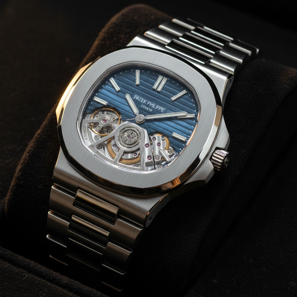 Patek Philippe Nautilus luxury sports watch with blue gradient dial, close-up on dark fabric