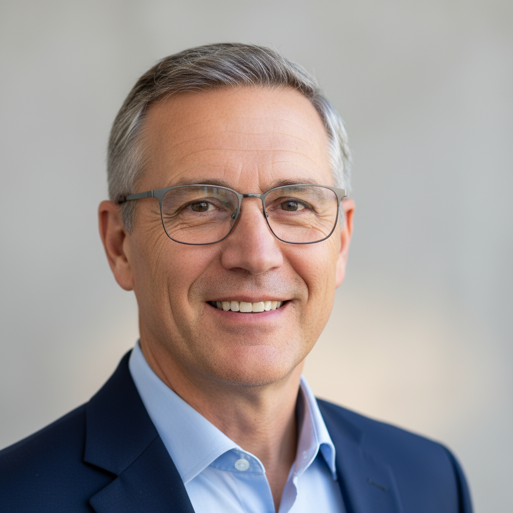 Middle-aged man with glasses, smiling, professional headshot