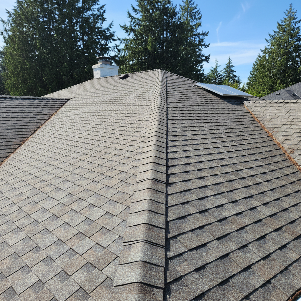 Clean residential roof shingles, clear blue sky, no moss or streaks, fresh appearance