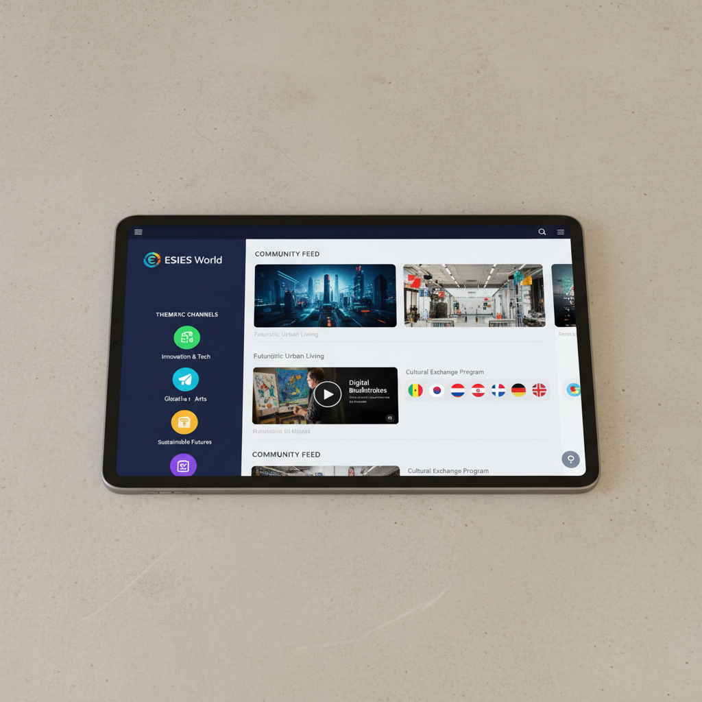 Plataforma ESIES World en tablet mostrando canales temáticos y feed de comunidad