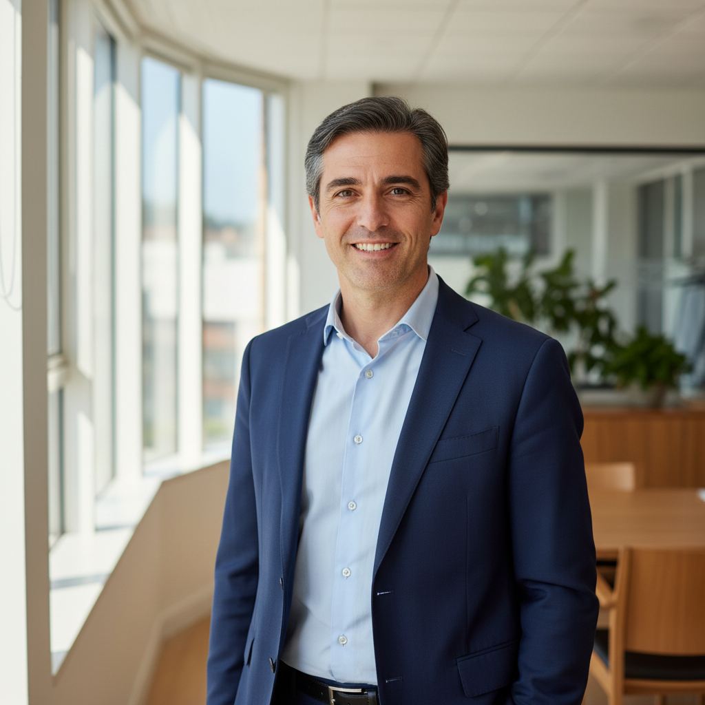 Professional man in white shirt smiling in bright office environment