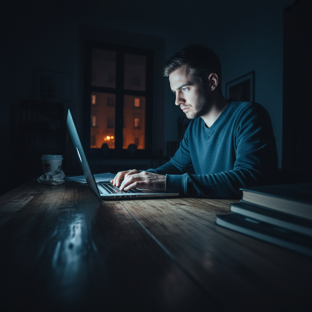 Person typing on laptop at night, dark room, single lamp illuminating keyboard, deep shadows