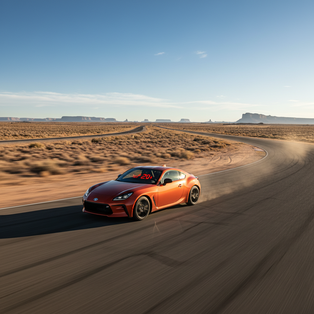 Toyota GR86 on track with boost gauge climbing on desert two-lane highway