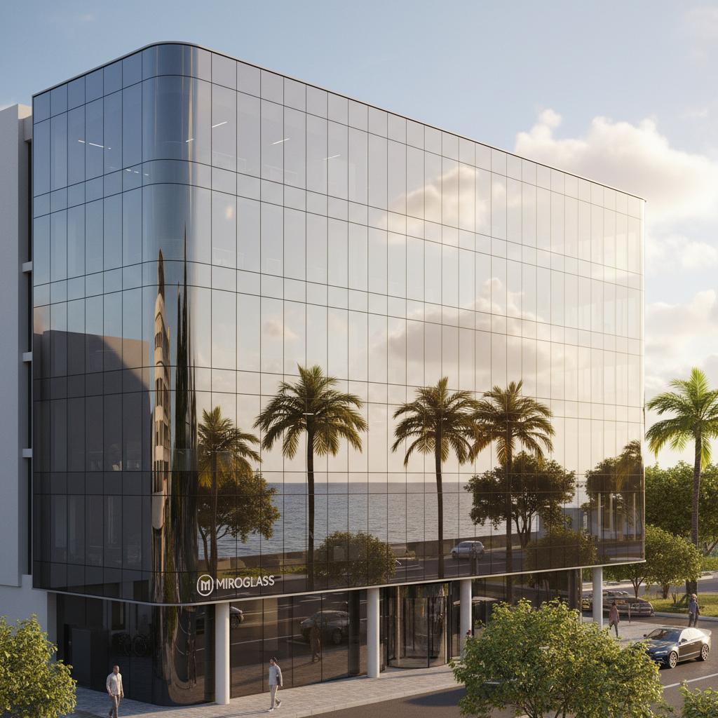 Modern commercial building with ocean views, glass facade, bright coastal Florida setting