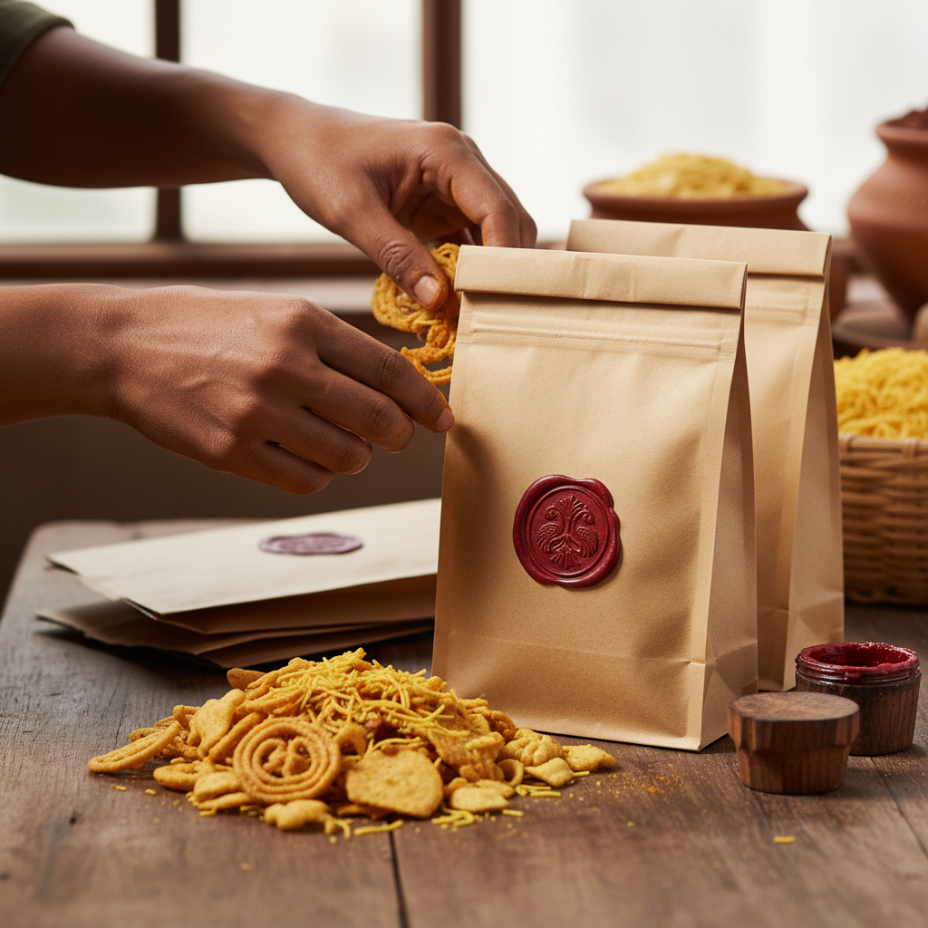 Indian savory namkeen snacks in premium flexible packaging with vibrant printed design