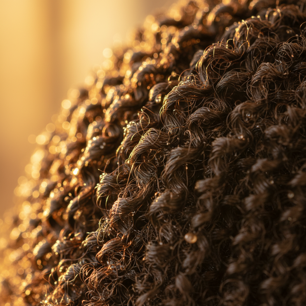 Close-up of lustrous, shiny dark hair strands with golden light reflecting off each strand