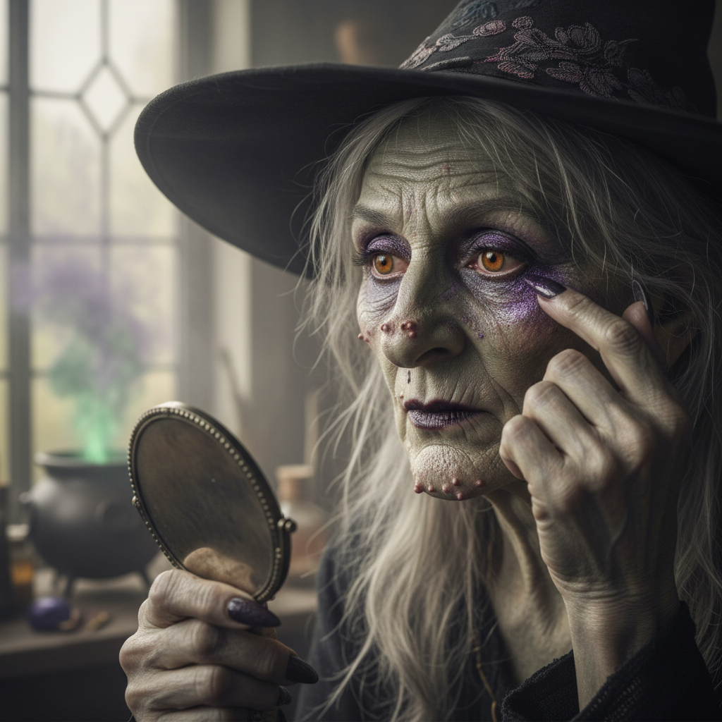 Finished witch makeup with grey-green skin, deep wrinkles, and wart details