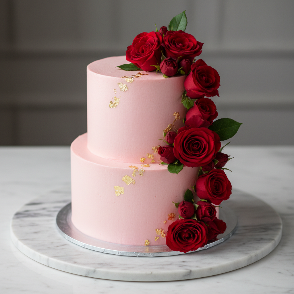 Elegant white anniversary cake with gold leaf and fresh roses, romantic soft lighting, cream background