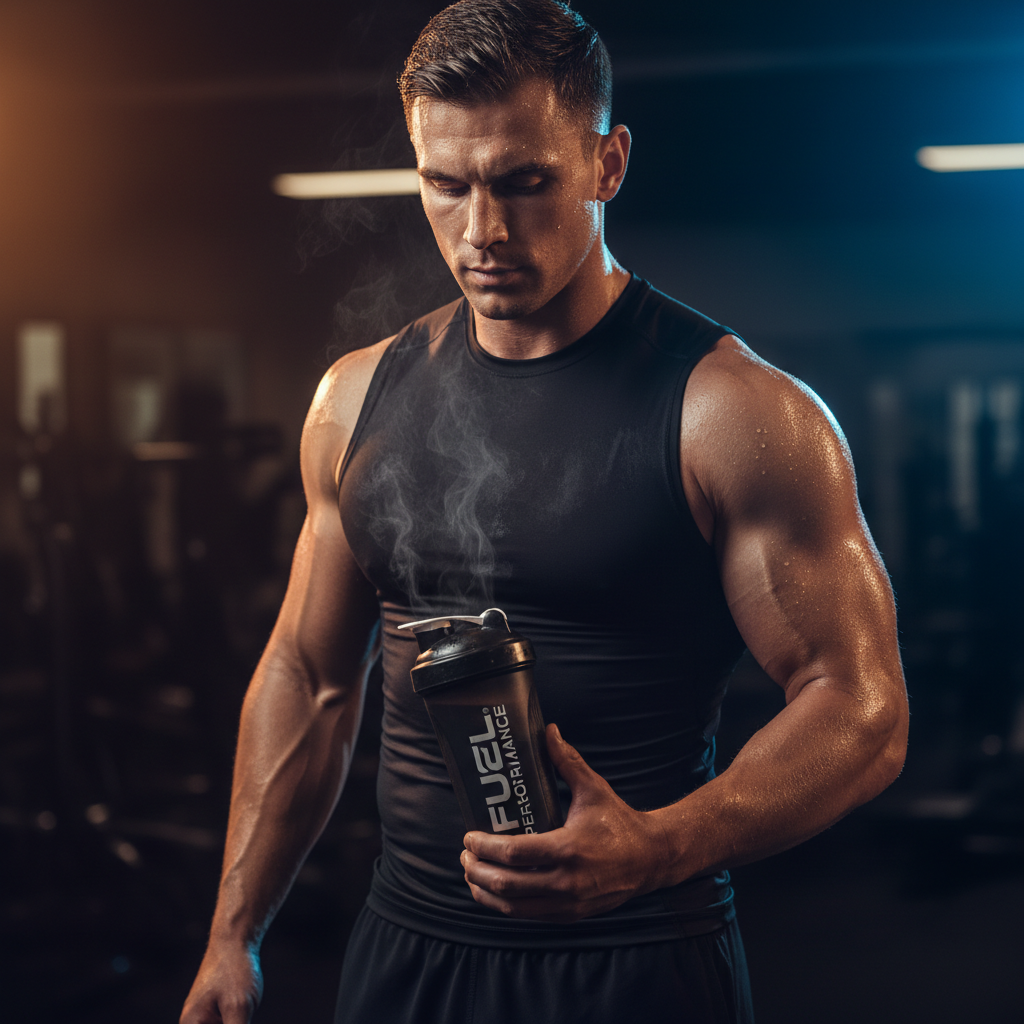 Athlete mid-rep with supplement shaker in focus, sweat catching studio light against dark background