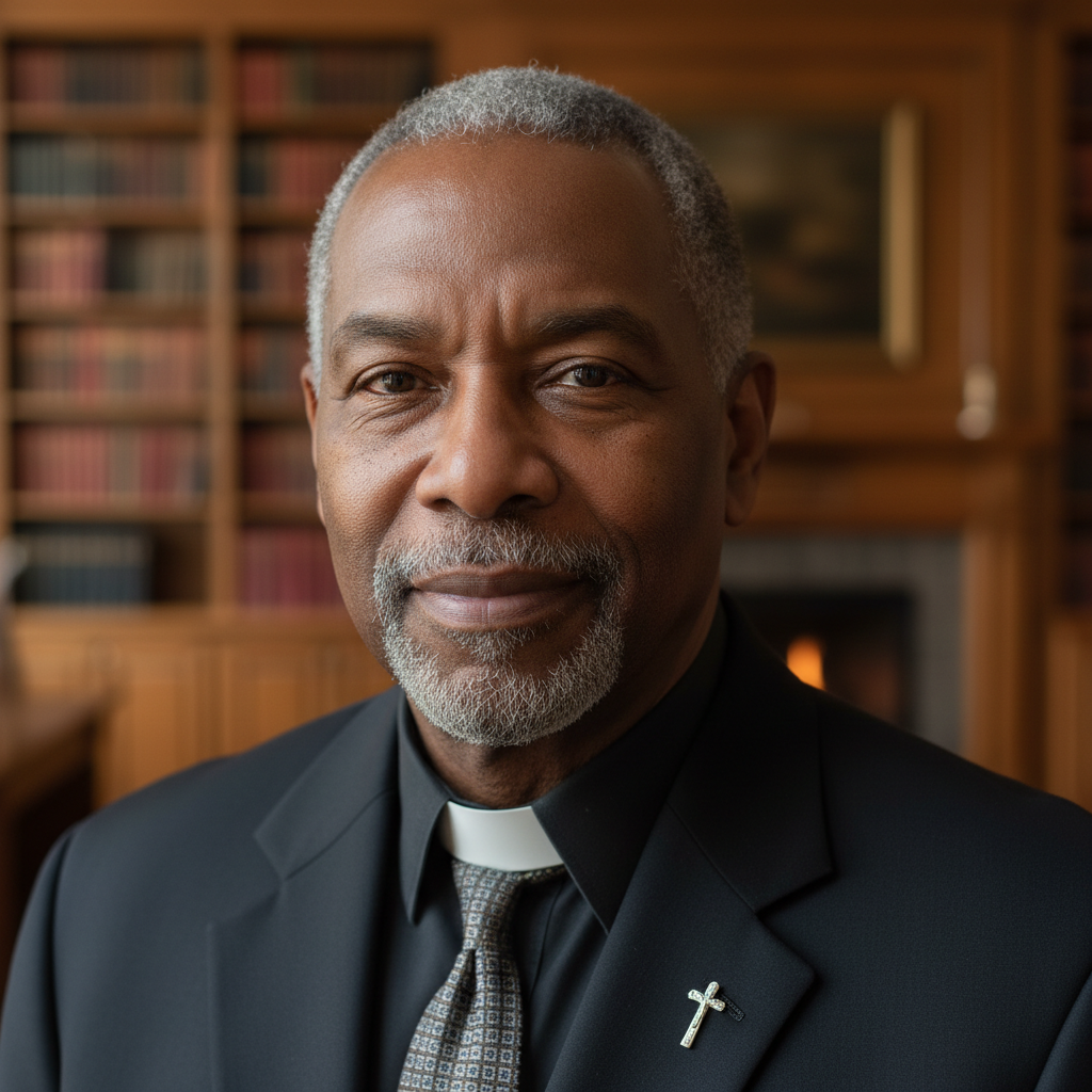 Portrait of senior pastor in formal attire against neutral background, warm natural light