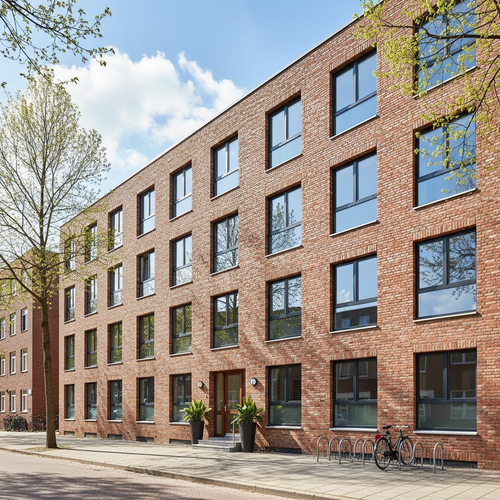 Renovated brick apartment building exterior in Chicago with new windows and clean facade