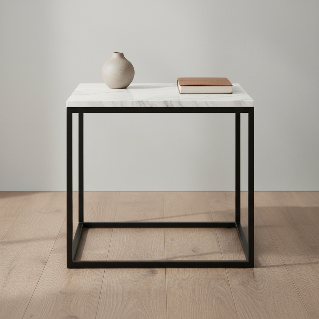 Minimalist white ceramic table lamp with linen shade on a marble nightstand