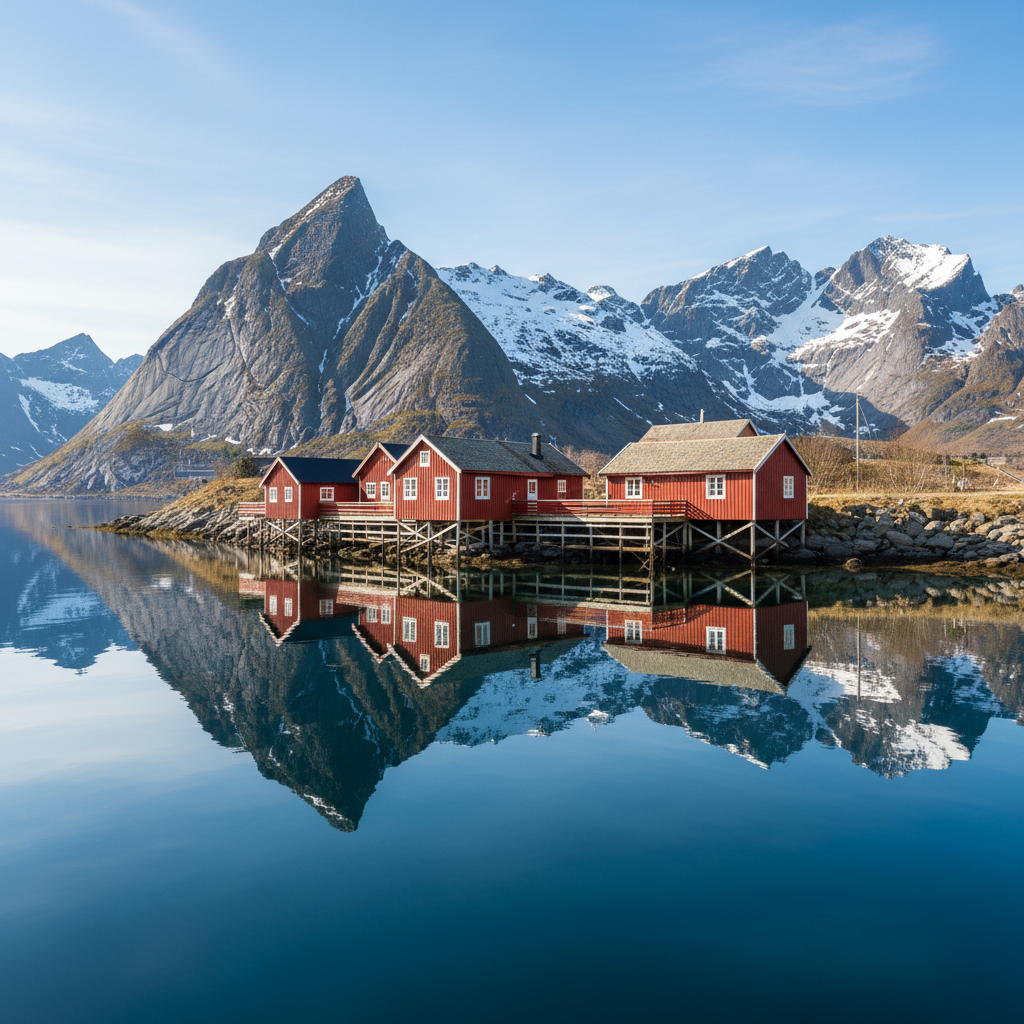 Red rorbu fisherman's cabins on stilts in the Lofoten Islands Norway