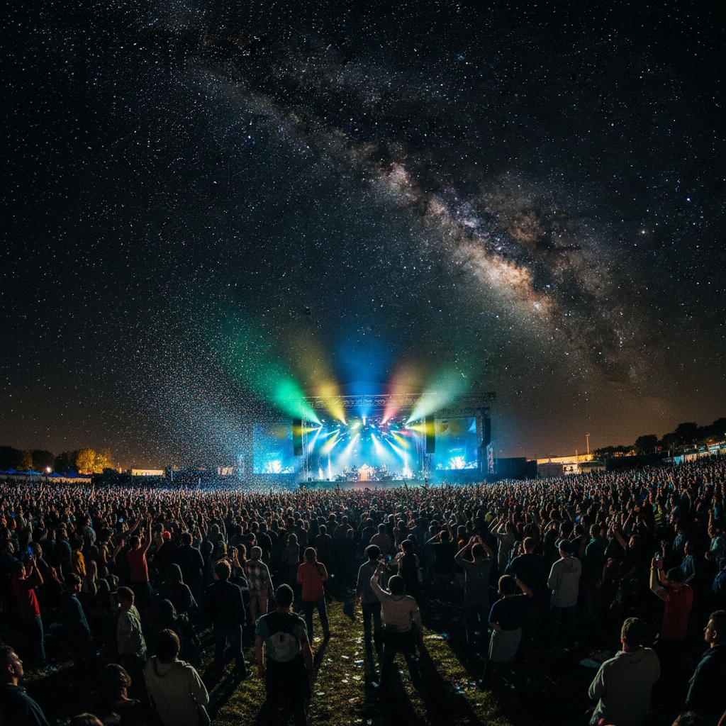 Symphony orchestra on outdoor stage at night, warm amber stage lights, dark sky backdrop