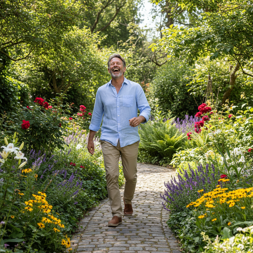Raymond, retired architect, mid-laugh at a garden walk