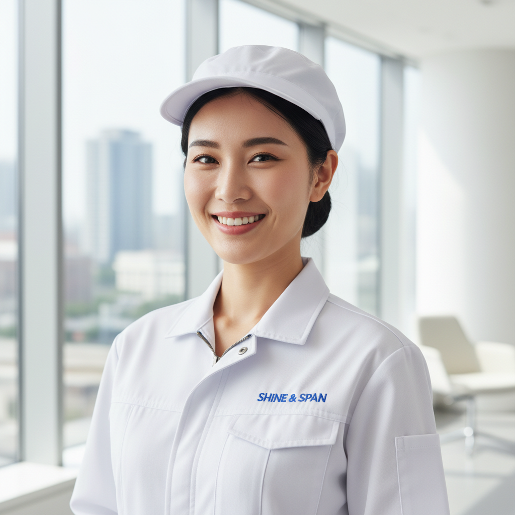 Professional Asian woman, professional attire, bright smile, clean background