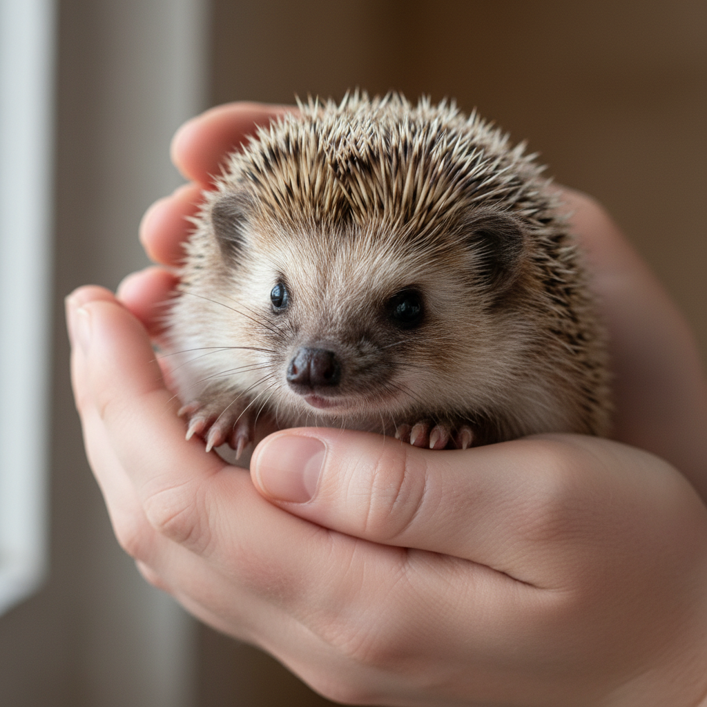 Newton the hedgehog being gently held in cupped hands showing his face and front paws clearly
