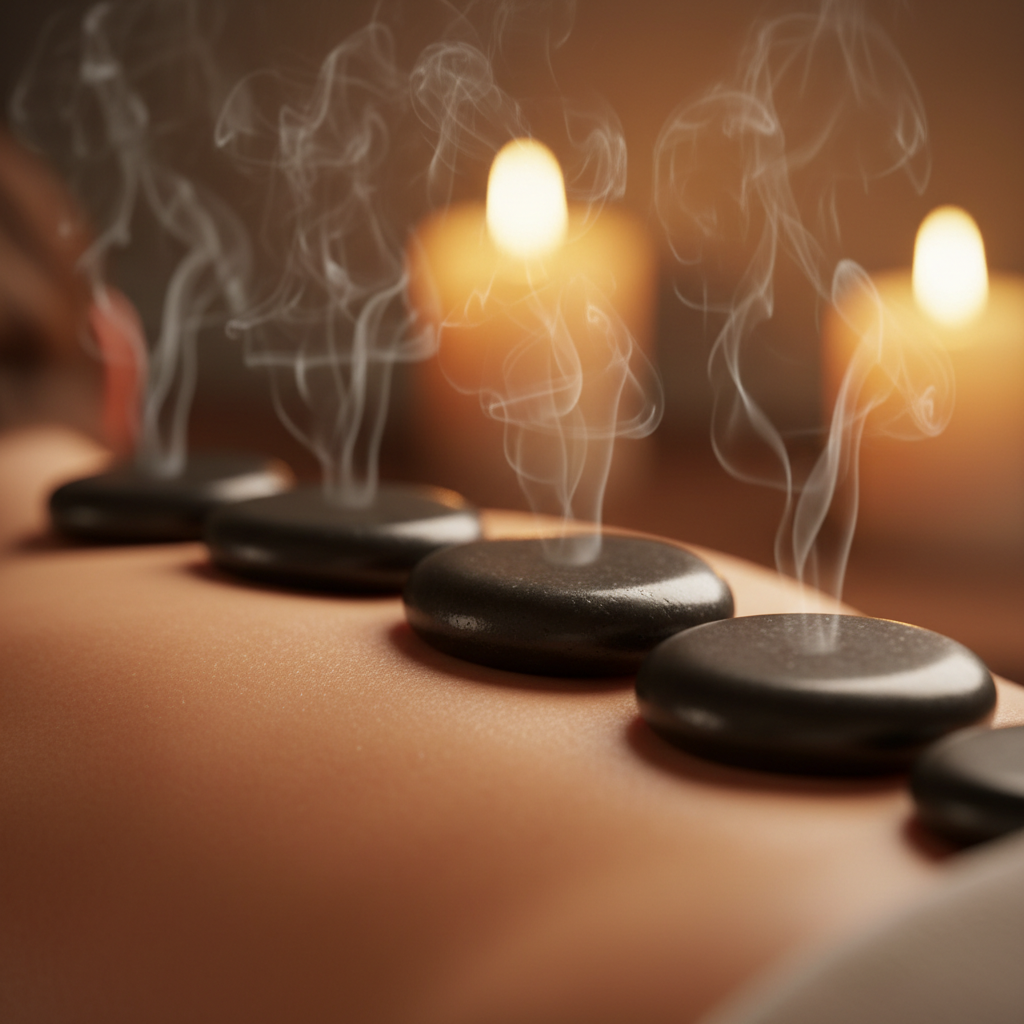 Hot stone massage therapy with black basalt stones on client back in candlelit spa