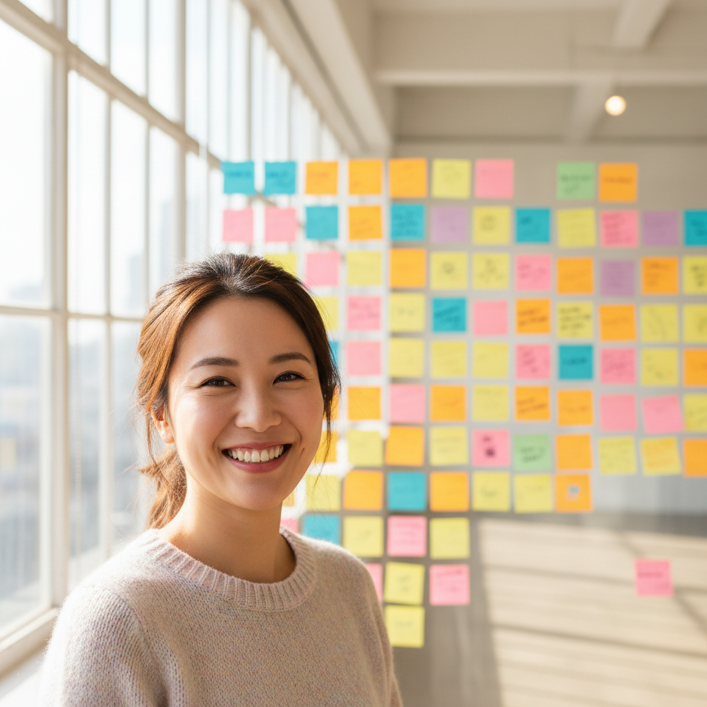 Yuki Tanaka, Asian woman smiling in bright studio with sticky notes on glass wall behind her