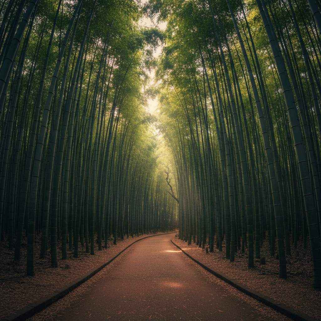 Arashiyama bamboo grove with morning light filtering through tall bamboo
