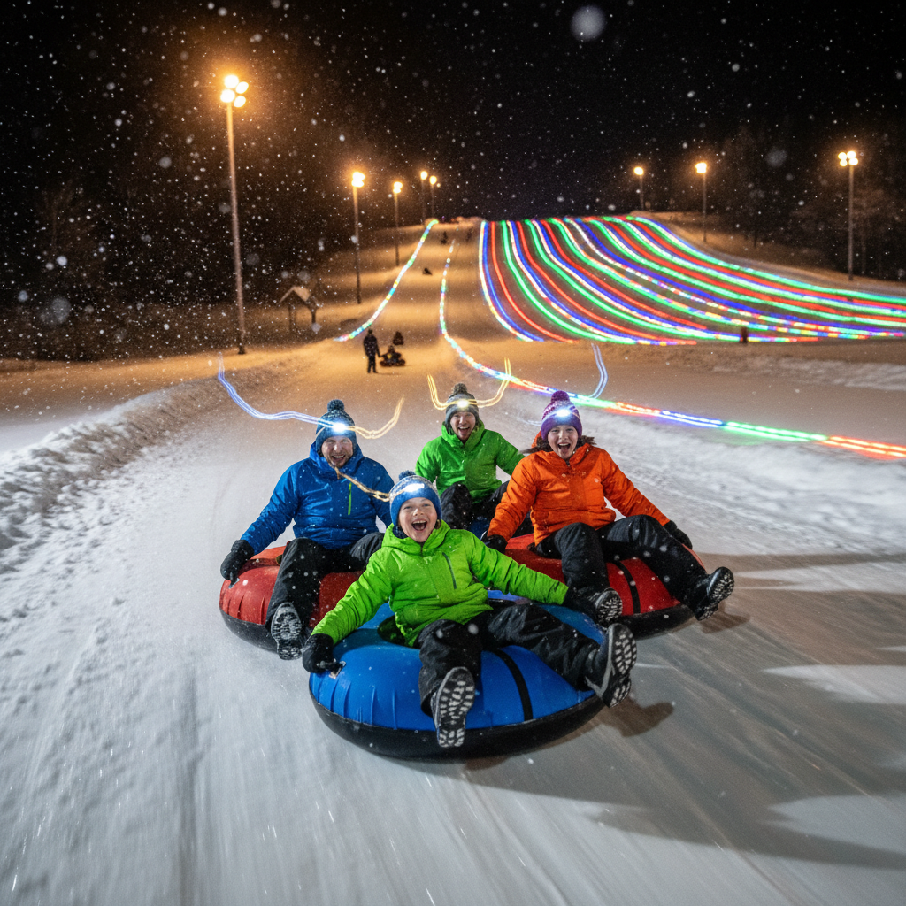 Family of four on snow tubes at night, motion blur of headlamps and laughter, illuminated tubing hill in background
