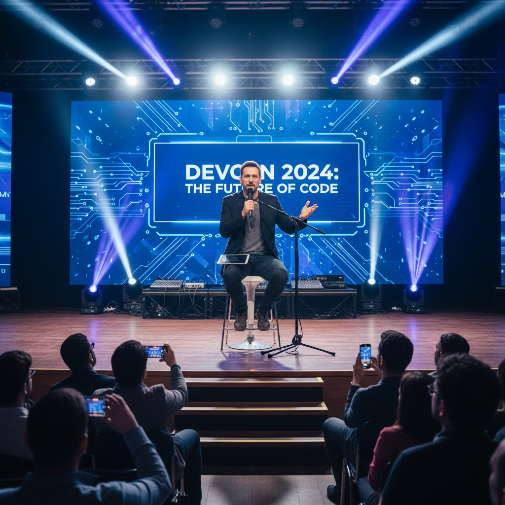 James O'Sullivan at a developer conference recording a podcast episode on stage