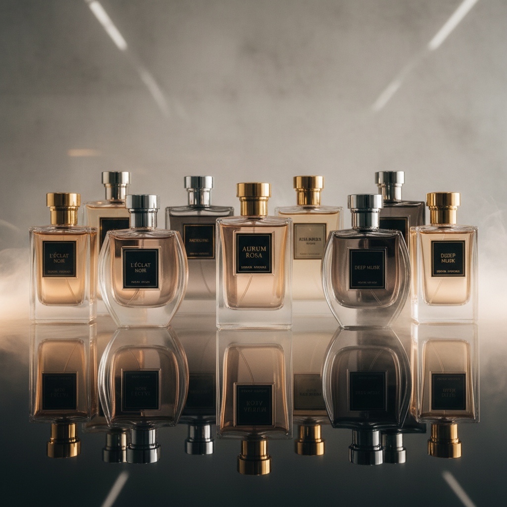Luxury perfume bottles with gold caps arranged elegantly on dark velvet surface with warm lighting