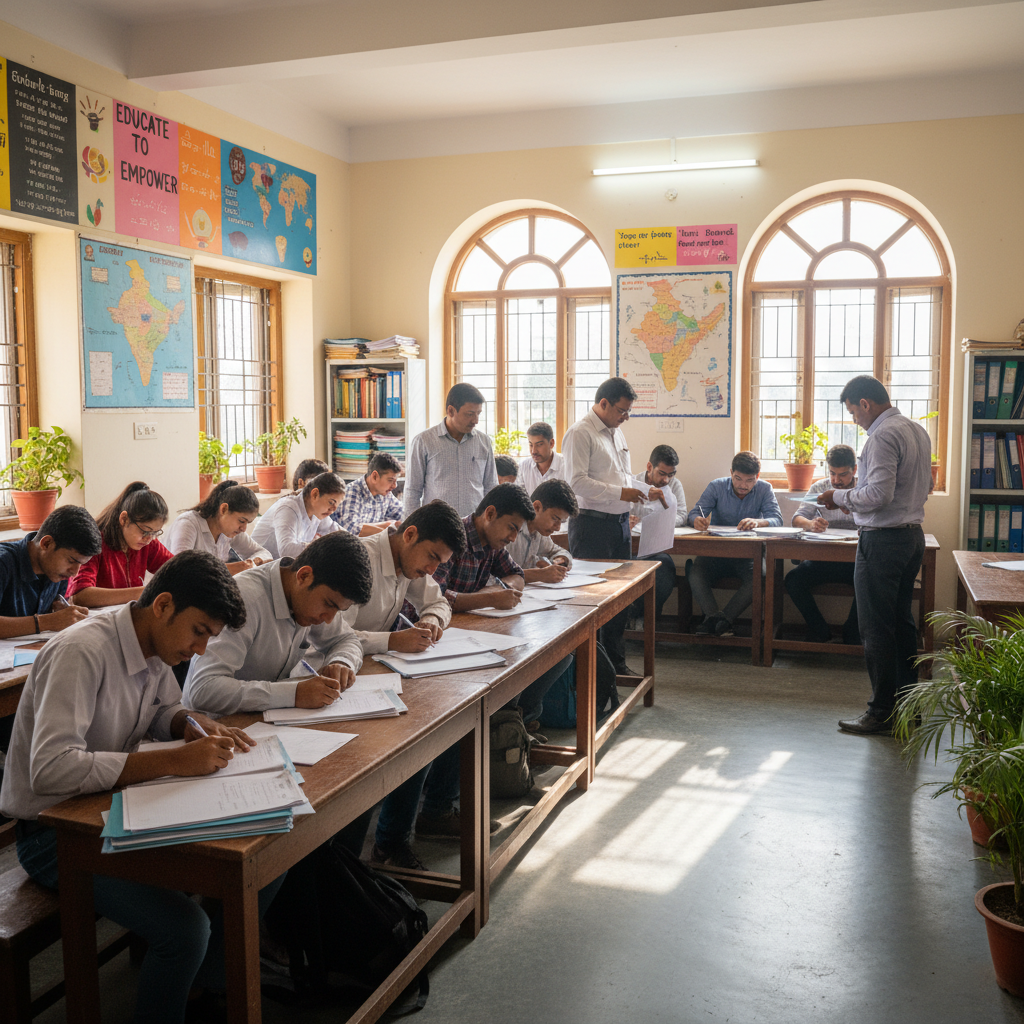 Student filling out university application forms at a desk with guidance documents, focused and hopeful
