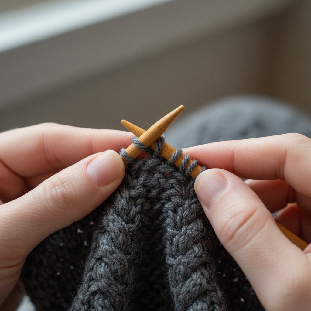 Extreme close-up of hands performing a cable cross stitch with bamboo needles on charcoal merino yarn