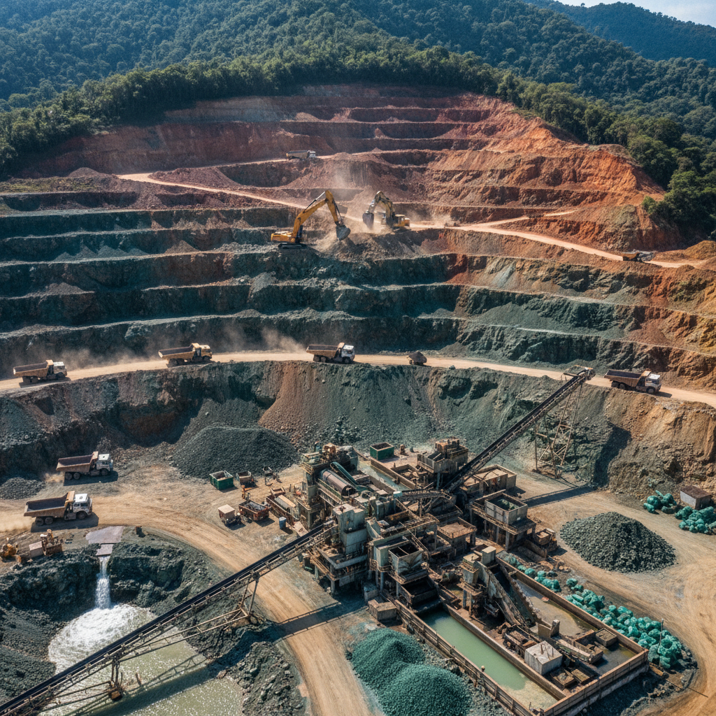 Open pit mine aerial view in bright daylight with large scale excavation equipment and infrastructure