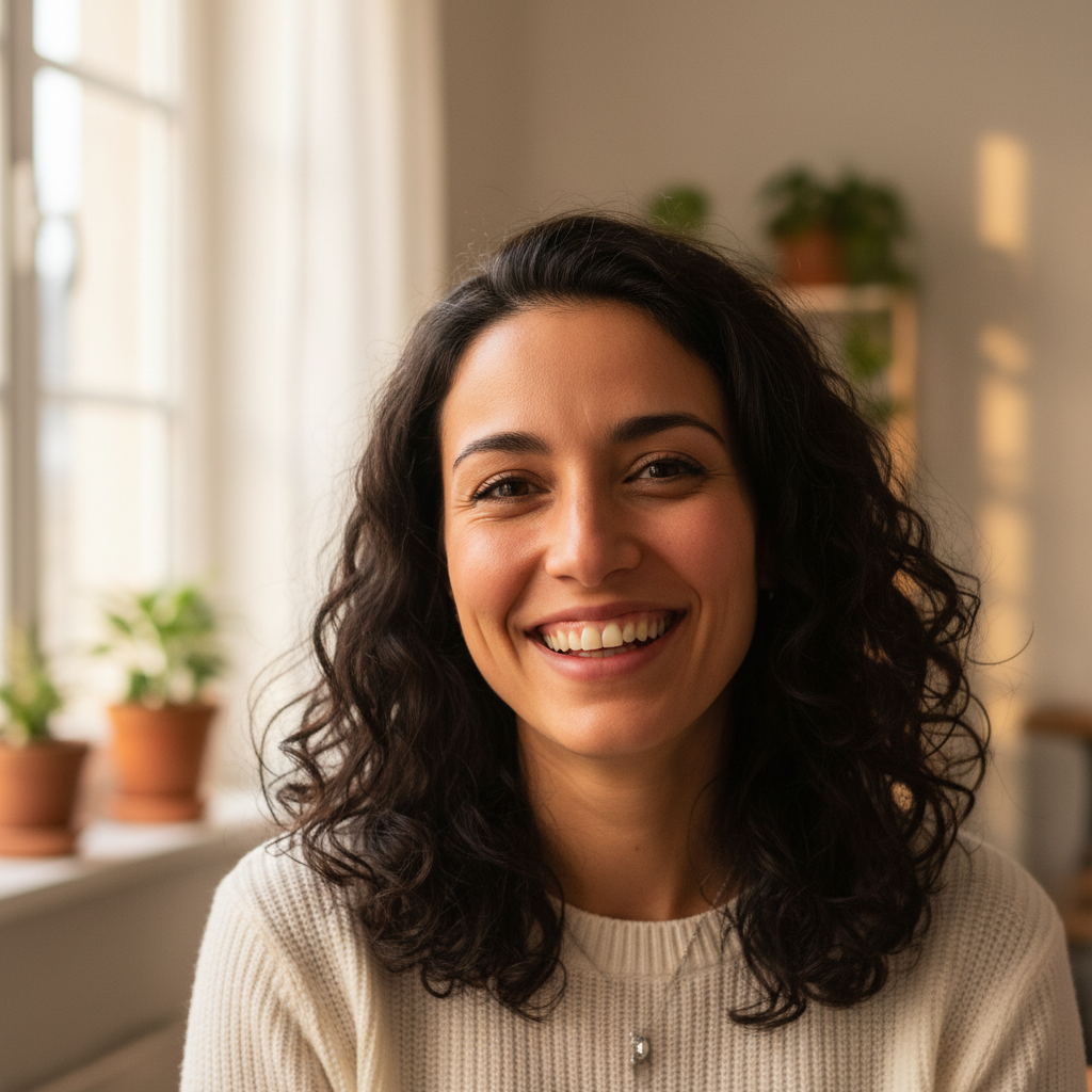Woman with dark curly hair looking at camera