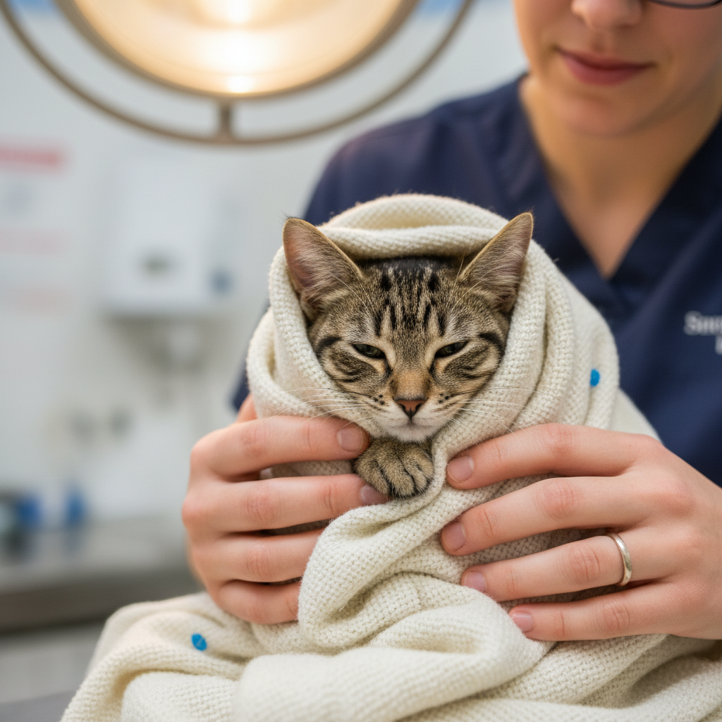 Sevimli kedi veteriner bakımında, güvenli ve sıcak ortam