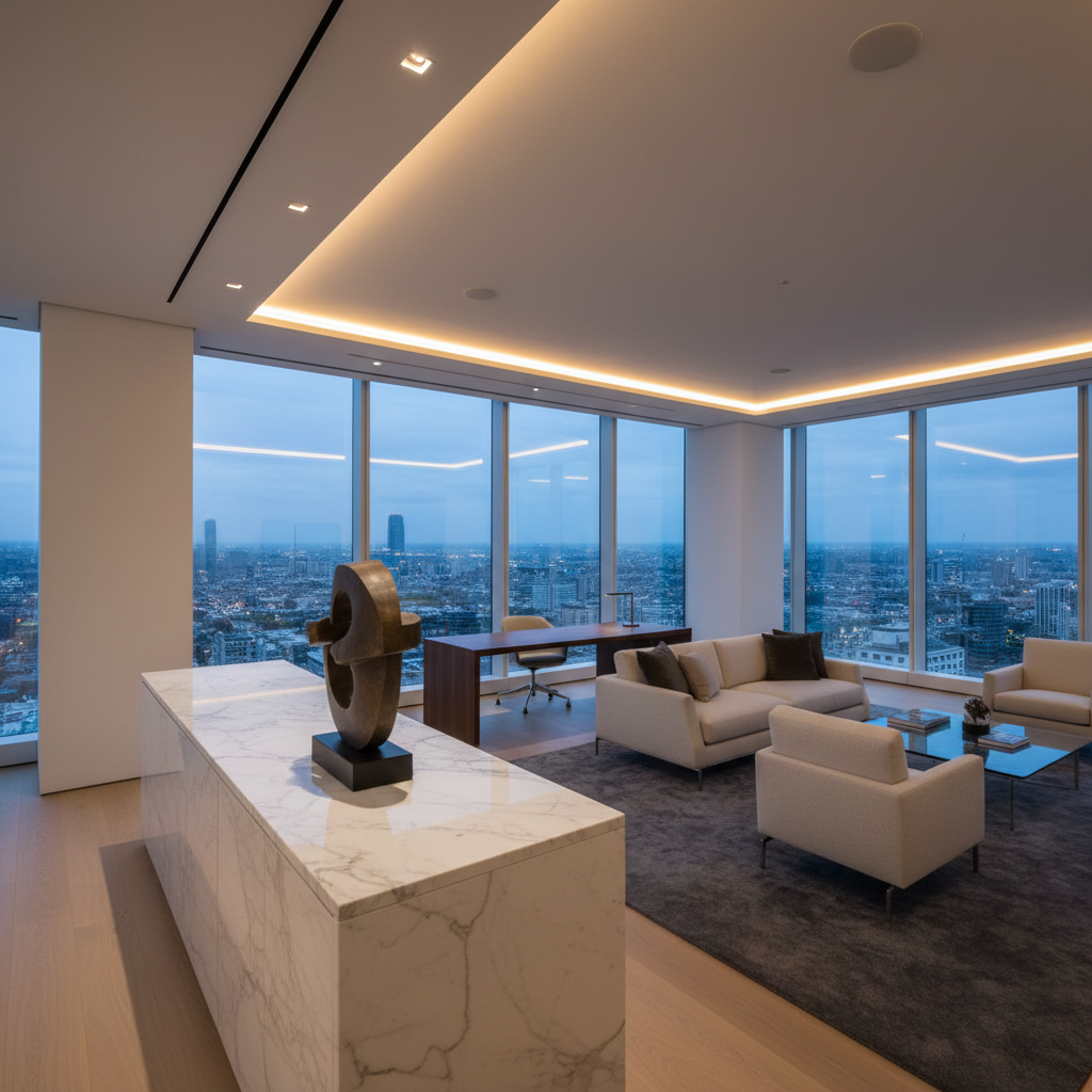 Minimalist executive office with warm ambient lighting, marble credenza with single decorative object, and panoramic city views