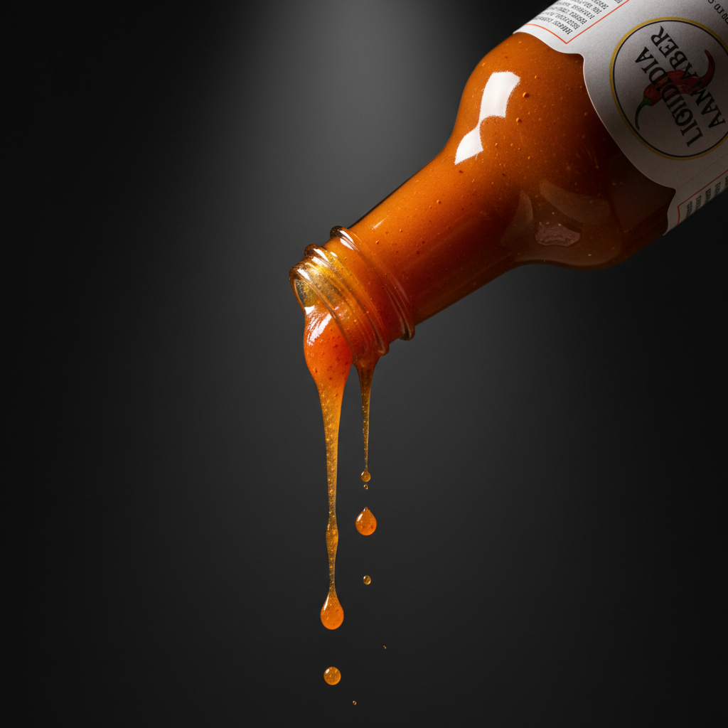 Close-up of amber hot sauce dripping in slow motion from a tilted glass bottle against a dark studio background, red and orange tones glowing under a single spotlight