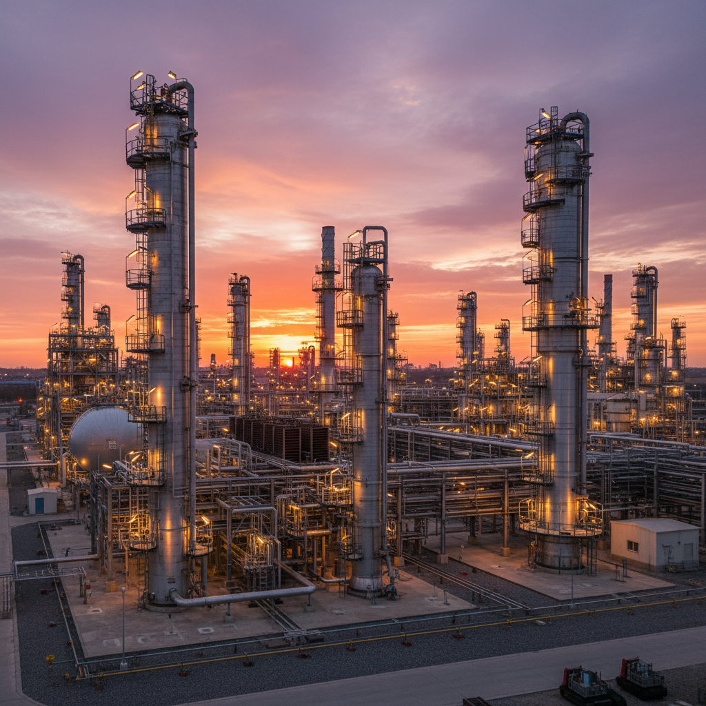 Row of industrial heat exchangers in petrochemical plant, dramatic side lighting, dark atmospheric industrial environment
