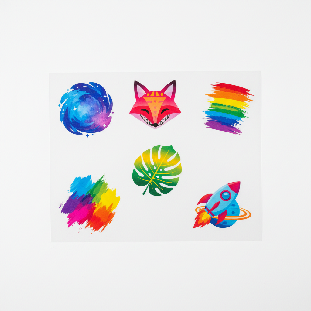 Multiple colorful heat transfer designs packed tightly on white transfer film sheet